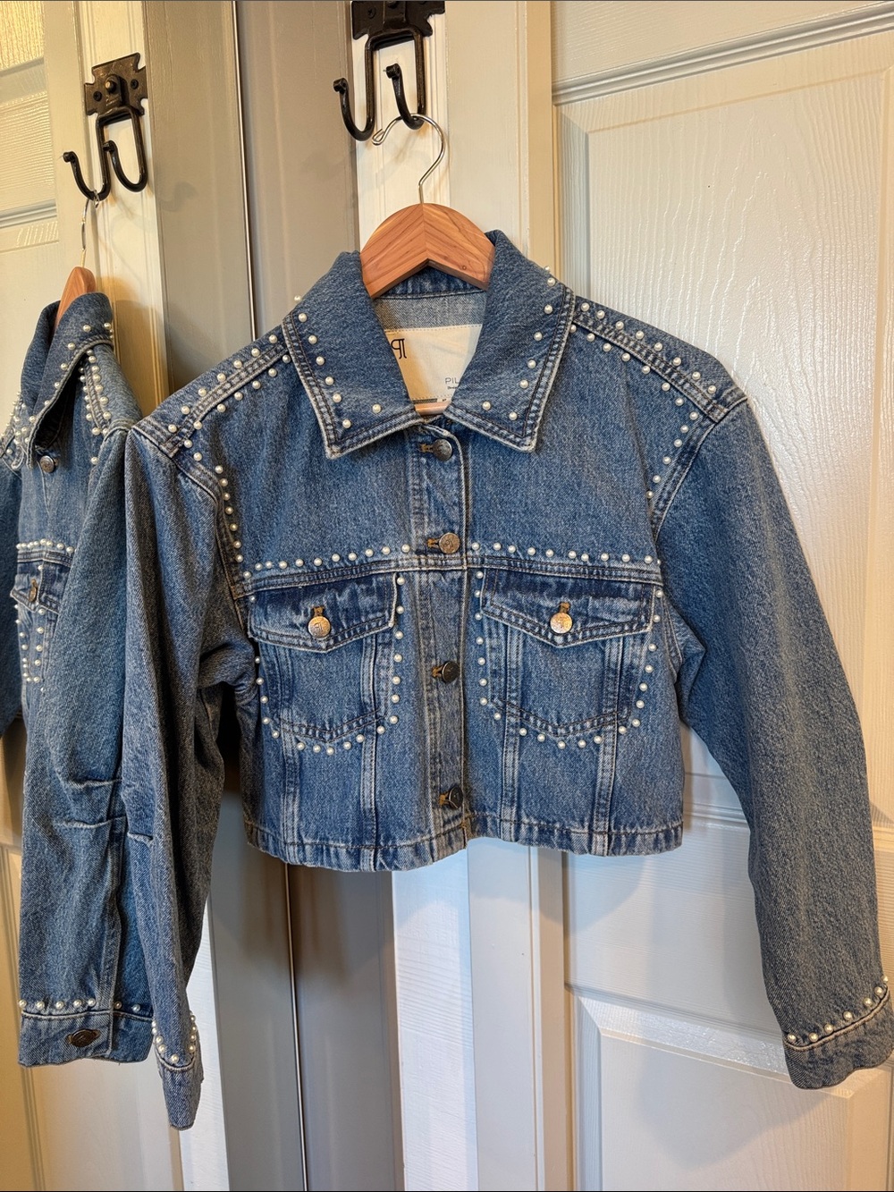 Anthropologie Pearl-Studded Cropped Denim Jacket - Blue